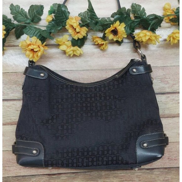 Gianni Bini Black Baguette Signature Print Leather Accent Shoulder Bag Purse - Picture 6 of 10